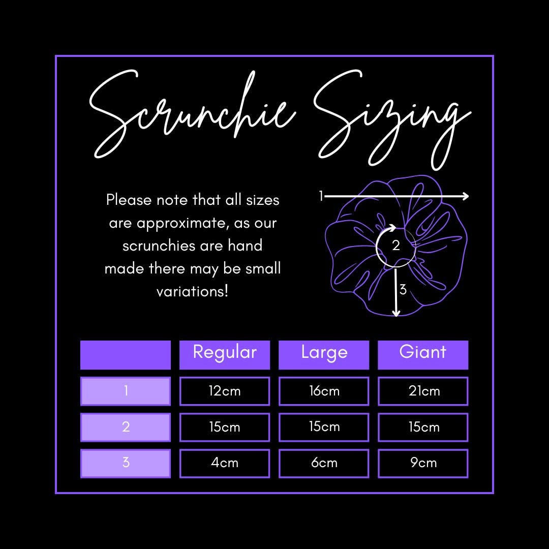 A chart explaining the sizes of the Hair We Go Again scrunchie range.